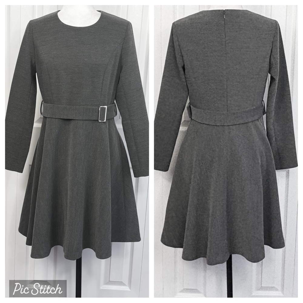 Scofield Gray Crewneck Long Sleeve Belted Mini Fit & Flare Dress